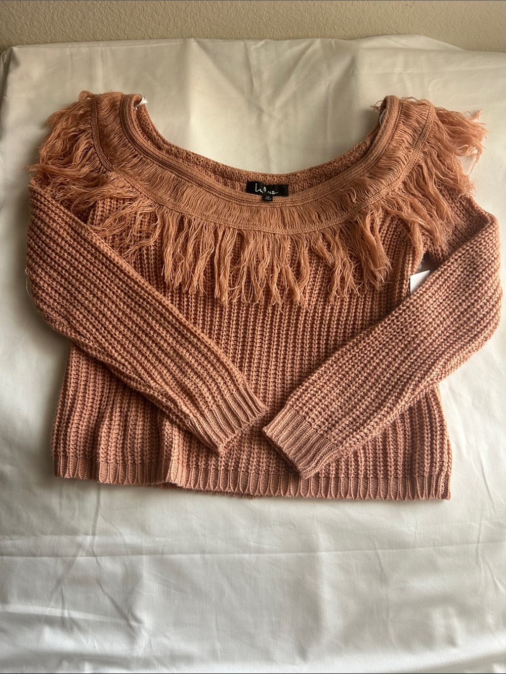 Lulu's Dusty Rose Fringe Off-the-Shoulder Sweater